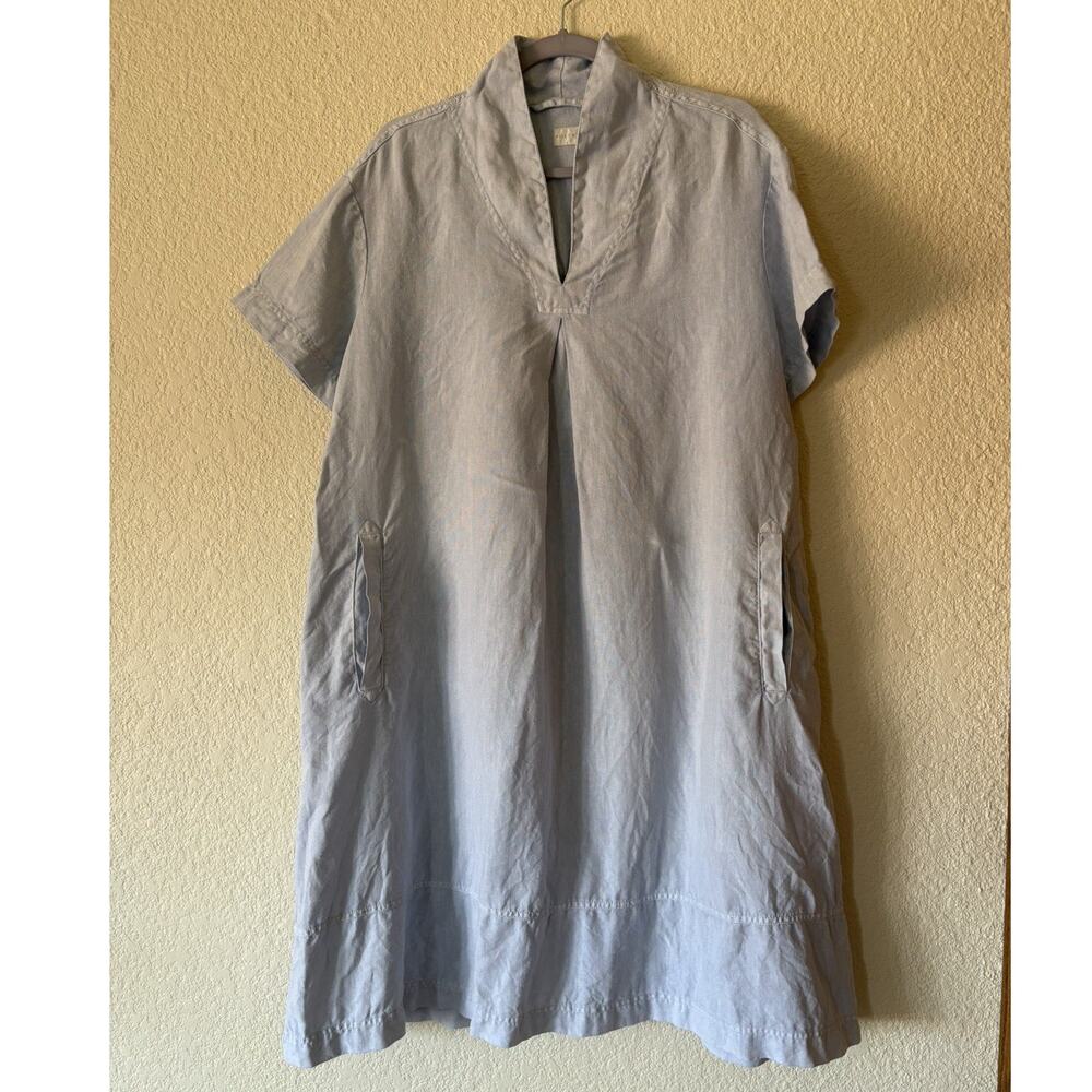 Poetry Shawl-Collar Linen Midi Dress Size 14 Sky Light Blue Pockets Lagenlook